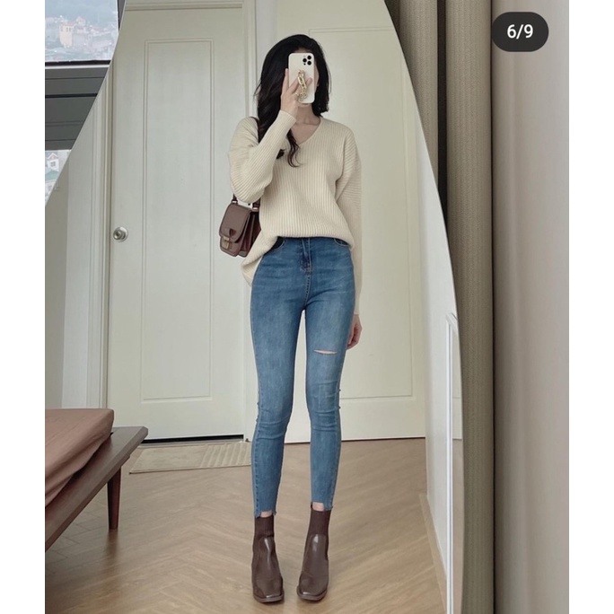 Quần skinny jeans xanh rách đùi cắt gấu trước ôm dáng phong cách trẻ trung siêu hot | BigBuy360 - bigbuy360.vn