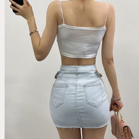 Jiashucheng Chân Váy Denim Chữ a Hở Vai Phối Dây Xích Thời Trang Mùa Hè Quyến Rũ Dành Cho Nữ