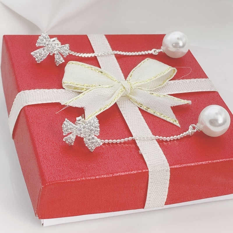 Bông tai nơ tua trai đính đá cách điệu , chuẩn bạc ta - THJ SLIVER