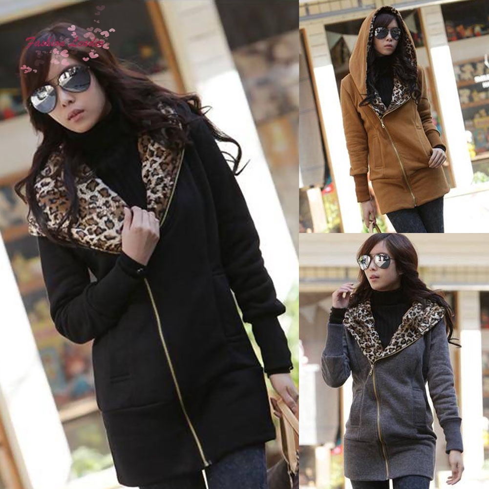 Áo khoác form dài có nón họa tiết da beo thời trang cho nữ
