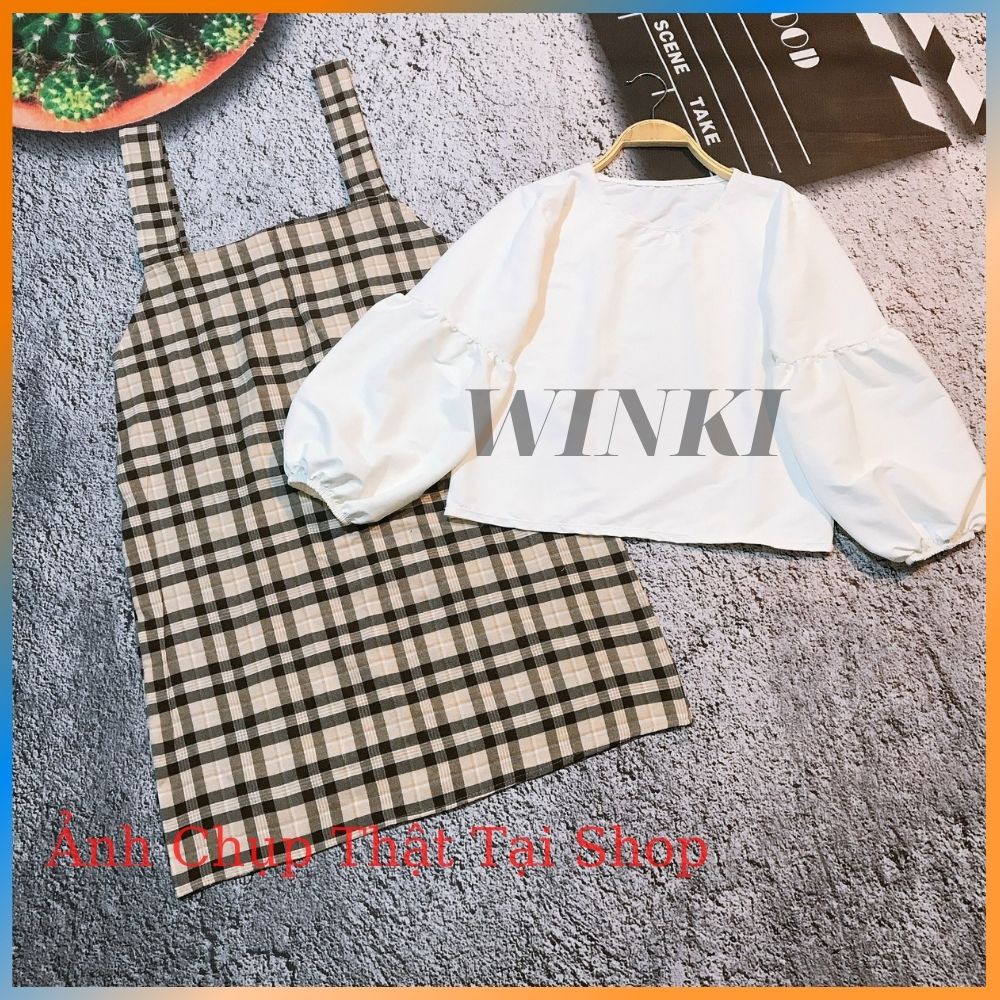 Váy yếm kẻ caro tặng kèm áo tay bồng Ulzzang, Bộ váy vintage kèm áo tay bo | BigBuy360 - bigbuy360.vn
