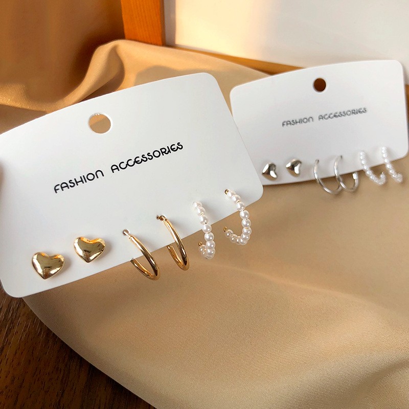 Set 6 khuyên tai DODDER thiết kế trái tim dạng vòng đính hạt ngọc trai nhân tạo thời trang đơn giản dành cho nữ