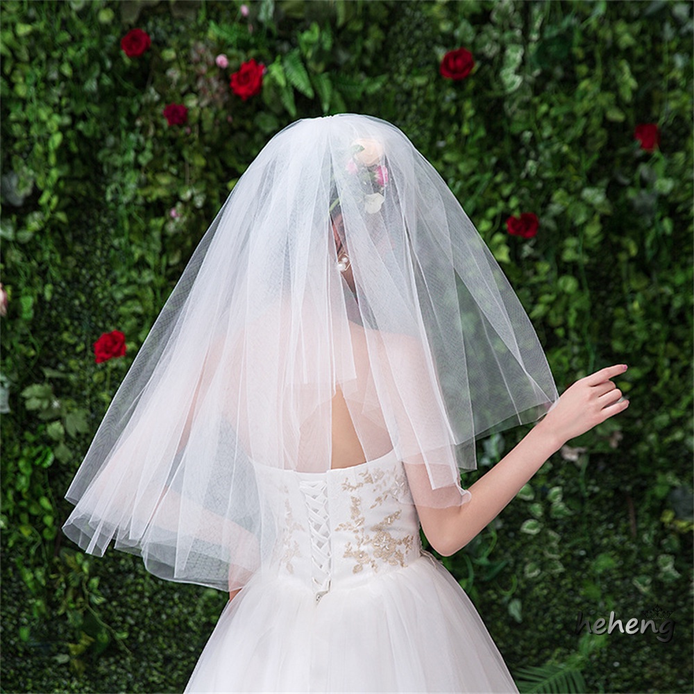 Mạng Che Mặt Cô Dâu 2 Tầng Ngắn Vải Tuyn Viền Kim Loại Kèm Lược Kim Loại Dành Cho Cô Dâu