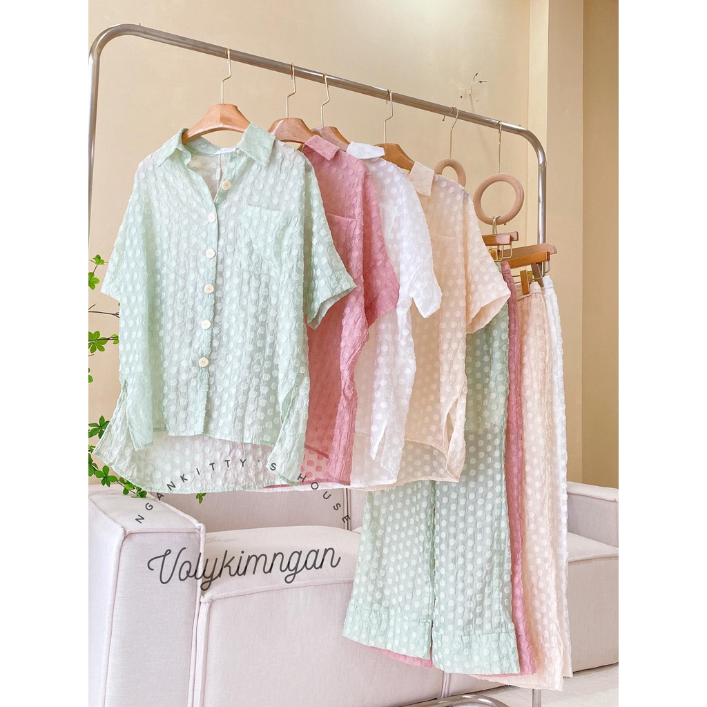 Set Áo Sơmi Bi Nổi + Quần Suông