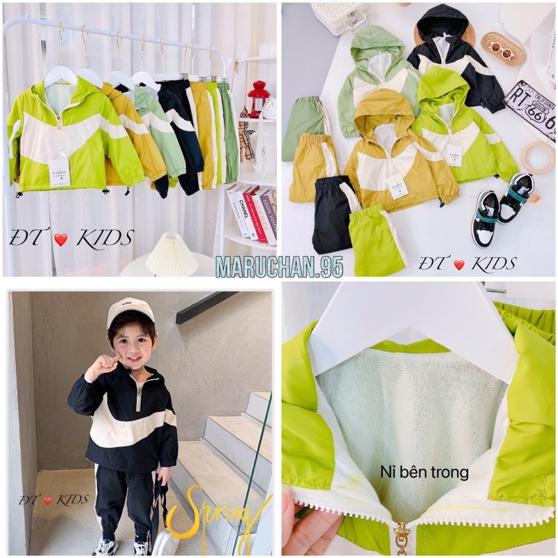 Bộ quần áo khoác gió lót nỉ mỏng cho bé trai bé gái size 10-20kg