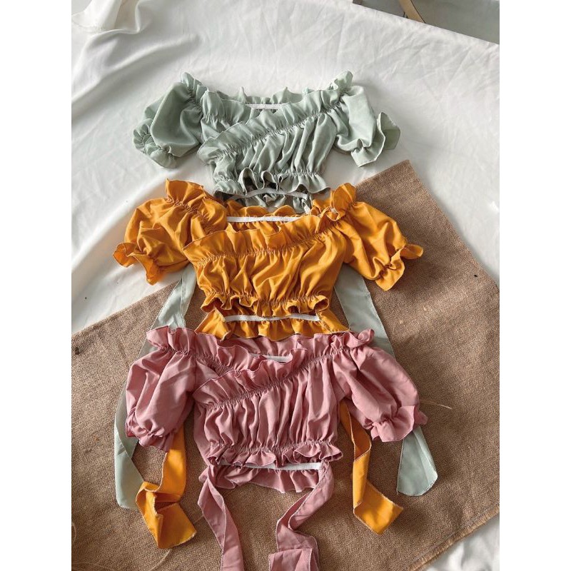 Áo Croptop Đắp Chéo Nơ Eo - Áo Croptop Cổ Chữ V Bèo Thân Buộc Nơ LaCa