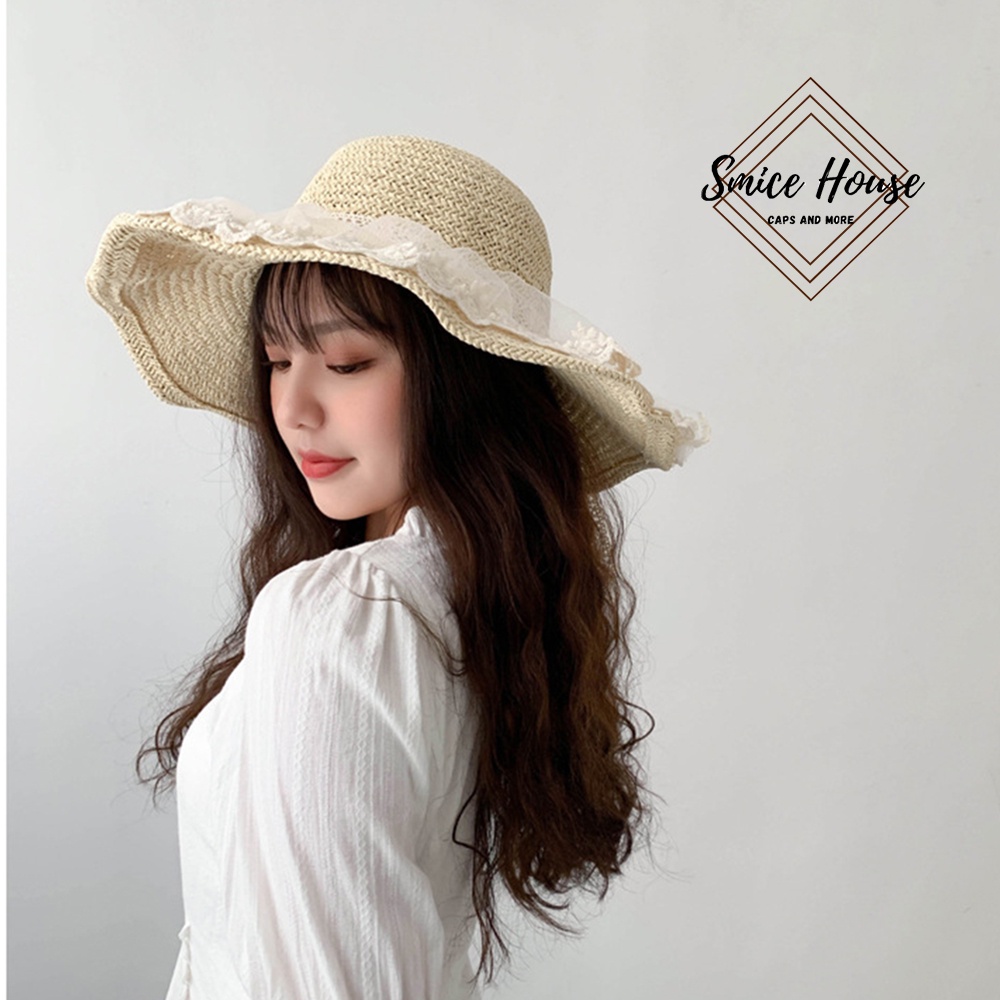 Nón mũ cói đi biển rộng vành nữ viền ren tiểu thư có thể gấp gọn phong cách thời trang Hàn Quốc- Smice House