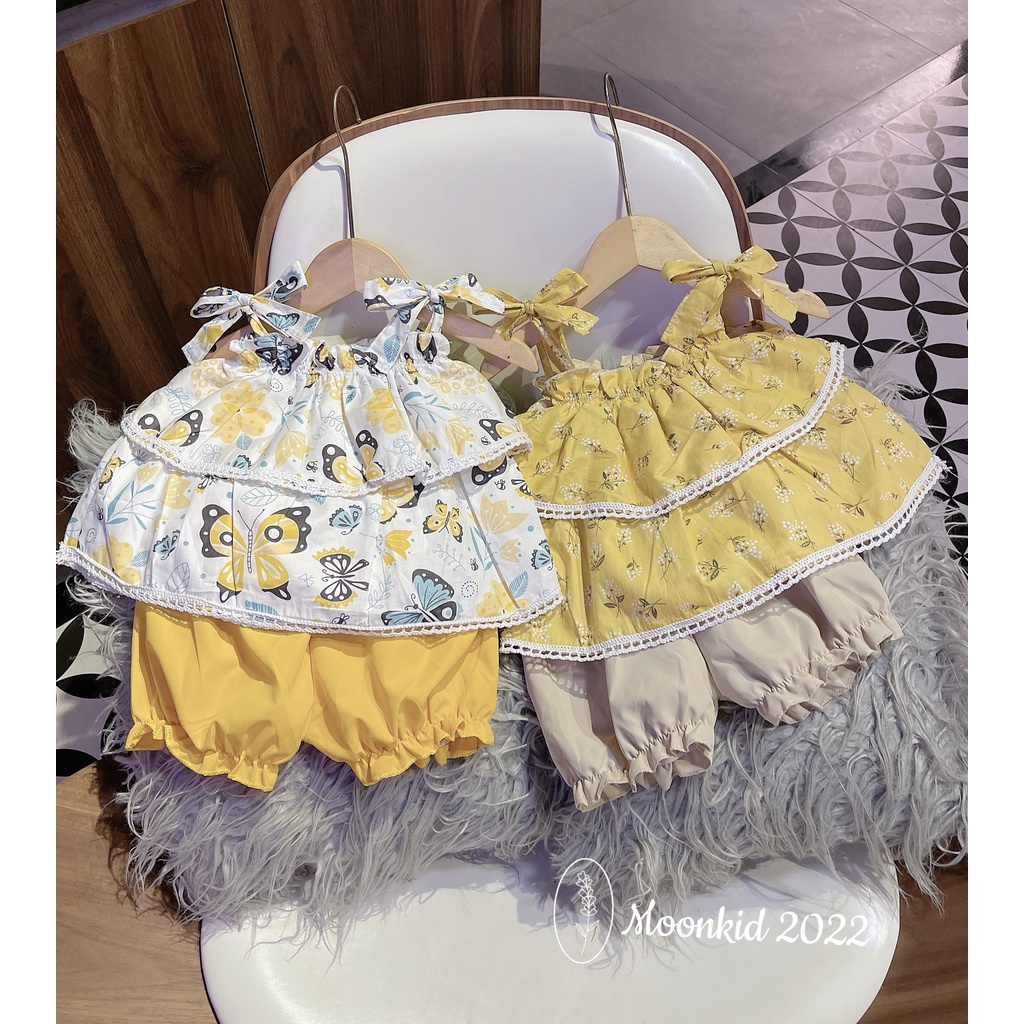 Bộ thô đũi 2 dây nơ vai bé gái dáng bồng 2 tầng 8-20kg