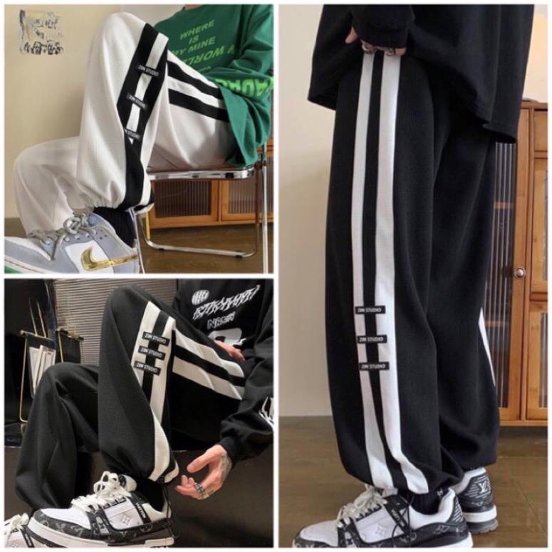 Quần Jogger Zin Ống Rộng Nam Nữ Thể Thao 3 Sọc Dây Rút Bo Gấu(Hàng Sẵn)