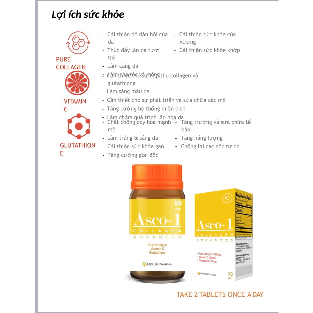 Collagen trẻ hoá da Asco-1 hộp 90 viên Hương Chất Cosmetic