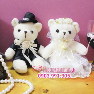GẤU BÔNG CẶP ĐÔI CÔ DÂU CHÚ RỂ TRẮNG TẶNG TÚI GÓI QUÀ