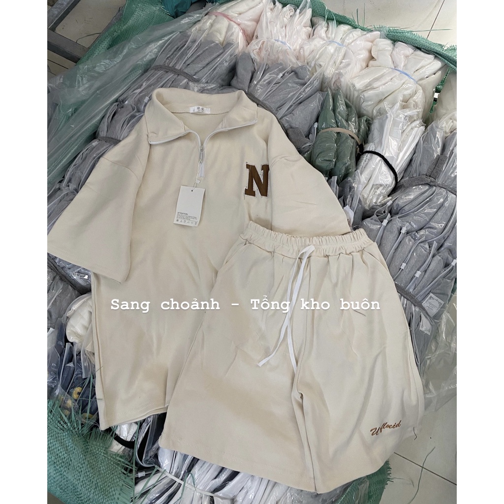 Set đồ nam nữ form rộng unisex, áo polo khóa kéo kèm quần short đùi thêu logo chất liệu cotton tổ ong nhiều màu | BigBuy360 - bigbuy360.vn