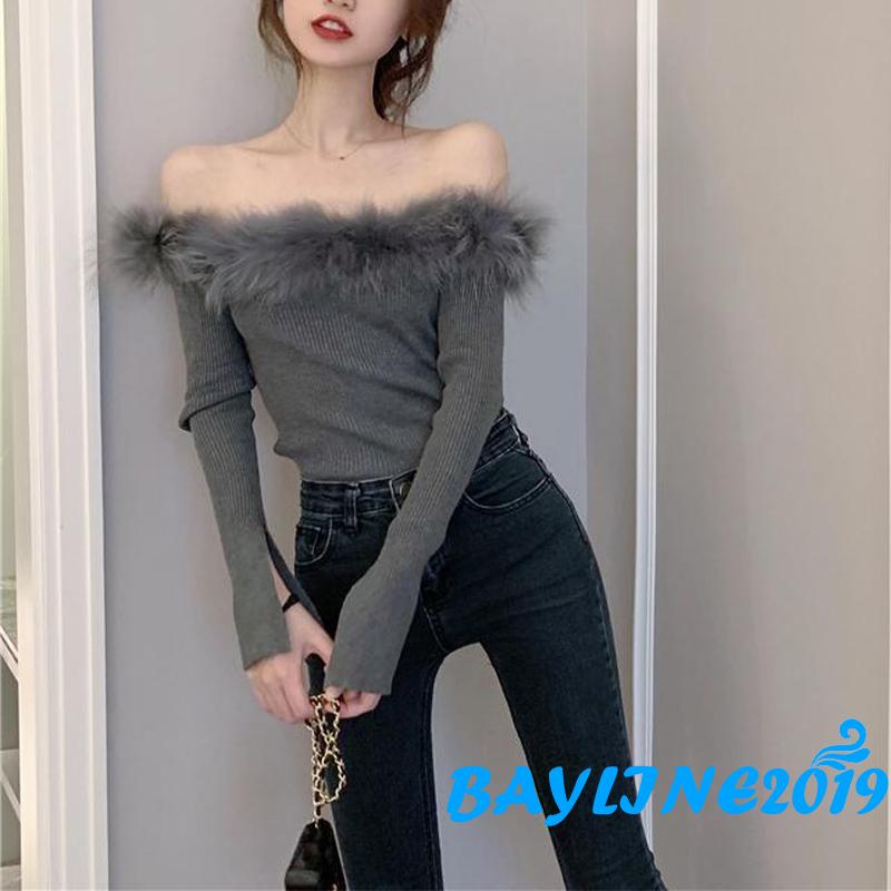 Áo dệt kim tay dài cổ thuyền màu trơn phối lông thời trang cho nữ