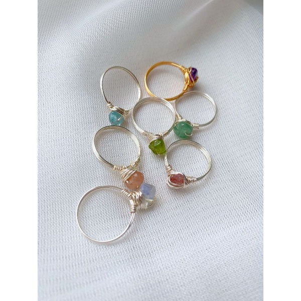 Nhẫn đồng handmade peridot, aquamarine, sunstone, strawberry quartz, aventurine, amethyst