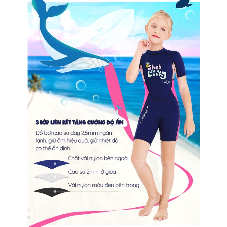 Đồ bơi bé gái, đồ bơi giữ nhiệt, chống nắng chống thấm nước cao su Neoprene độ dày 2.5mm bảo vệ tốt cho bé