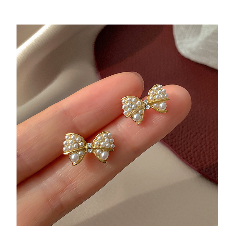 Hoa tai mạ bạc hình nơ đính ngọc trai kiểu Hàn Quốc đơn giản