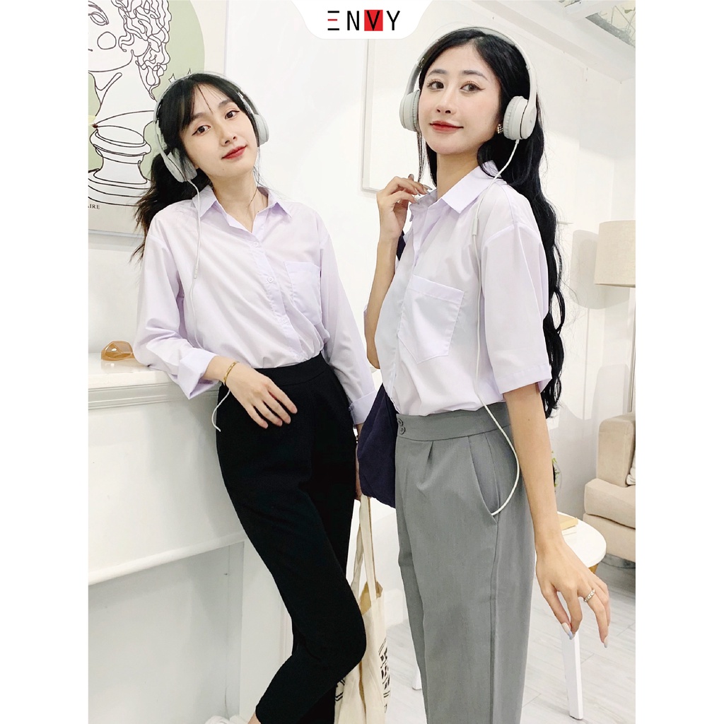 Áo sơ mi nữ trắng tay dài đi học có túi kiểu ENVY SO03 màu trắng form rộng style học sinh, sinh viên