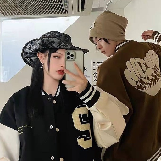 Áo khoác nỉ bóng chày dáng rộng thêu họa tiết phong cách retro thời trang cho nam