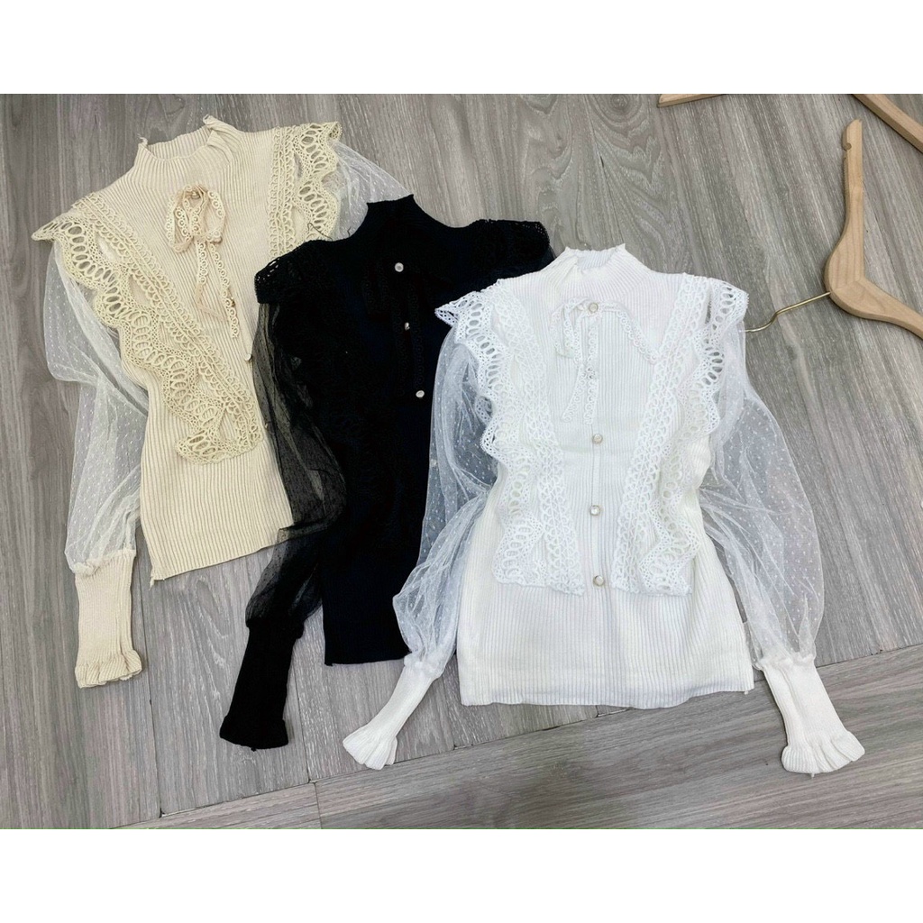 [ảnh thật-sẵn] Áo len tăm pha viền ren nơ pha tay voan hoa nổi | BigBuy360 - bigbuy360.vn