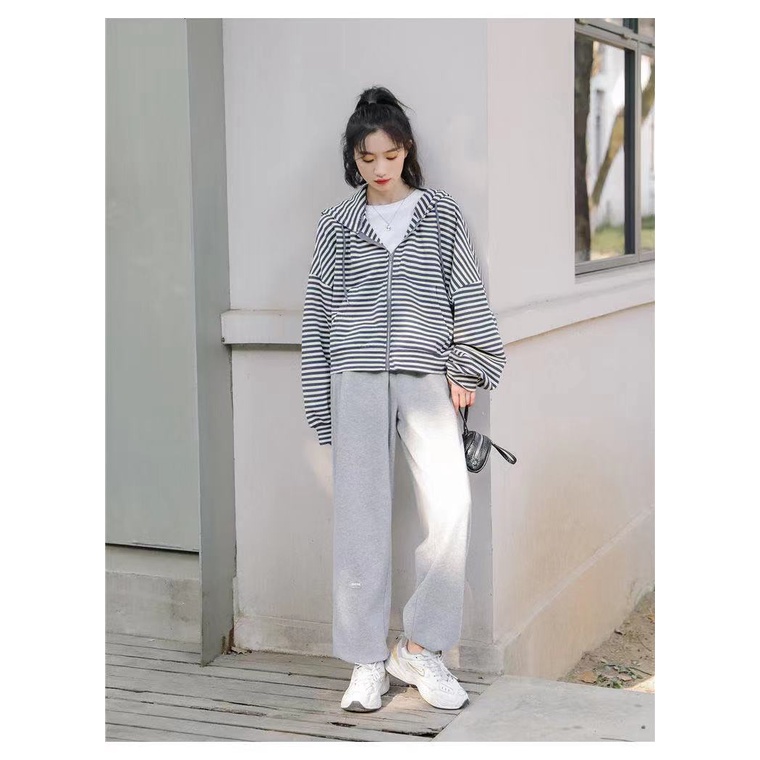 Áo khoác hoodie tay dài họa tiết kẻ sọc ngang phong cách Hàn Quốc dễ thương cho nữ