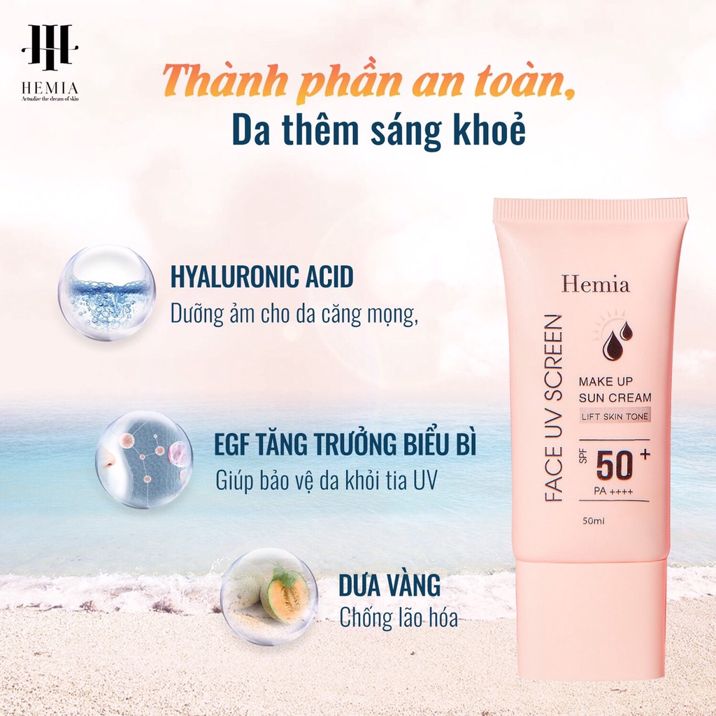 Kem chống nắng Hemia Hàn Quốc dành cho mặt - Dưỡng trắng, kiềm dầu, chống lão hóa bảo vệ da, make up nâng tone da