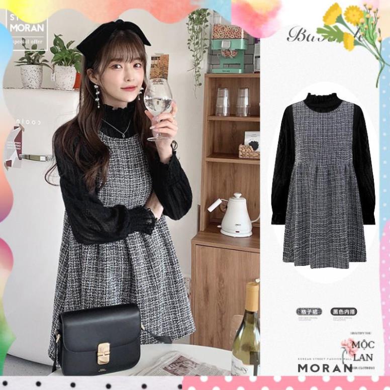 Set váy yếm tweed dáng xòe babydoll MORAN + Áo sơ mi style Hàn Quốc