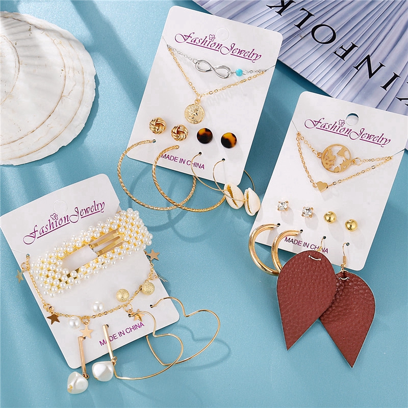 Bộ Dây Chuyền + Khuyên Tai + Kẹp Tóc Hishop Đính Ngọc Trai Nhân Tạo Cho Nữ