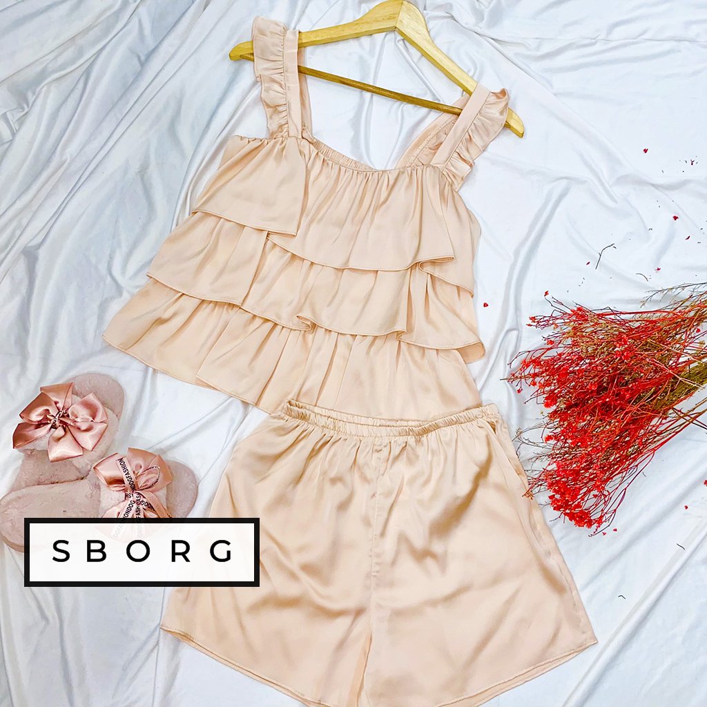 Đồ ngủ 2 dây SBORG bộ lụa latin cao cấp áo 3 tầng tay tiên cute phối quần đùi sexy freesize dưới 55kg quà tặng vợ