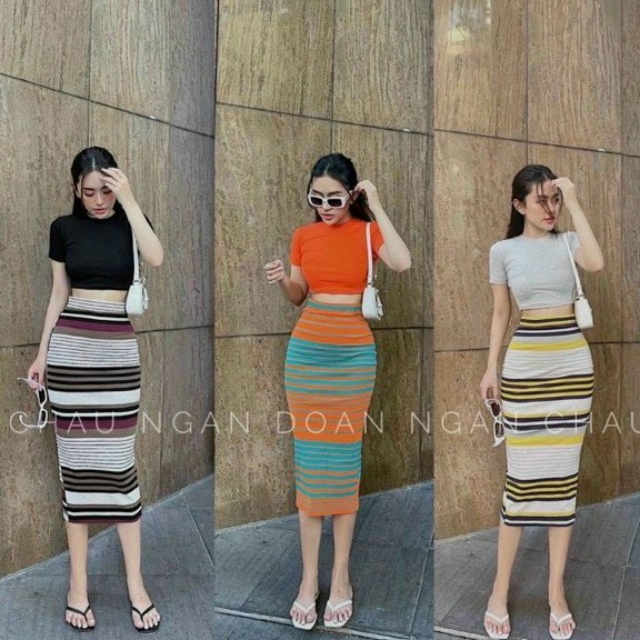 Sét bộ áo croptop cổ tròn trơn phối chân váy sọc dài body cực hot , chất thun bozip mềm mịn