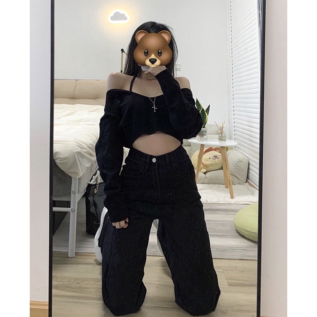 QUẦN JEANS XUÔNG LƯNG CAO TRƠN XANH-ĐEN hình thật chính chủ