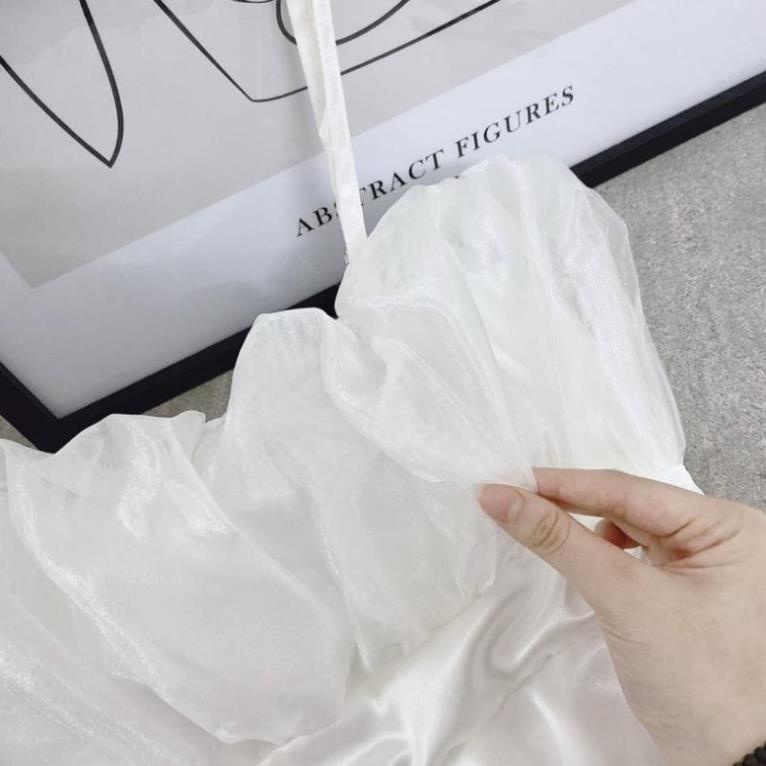 Đầm body trắng phi lụa 2 dây phối voan tầng ngực