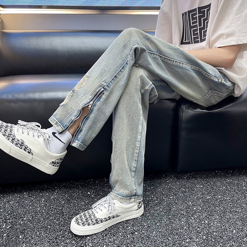 Quần Jeans Dài Xẻ Tà Phối Khóa Kéo Phong Cách Đường Phố Mỹ Cá Tính Cho Nam