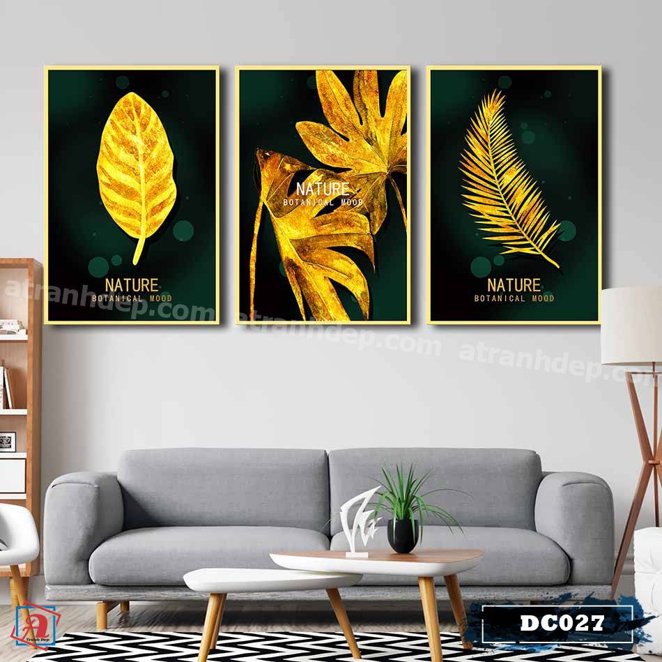 Bộ 3 tranh canvas treo tường Decor Họa tiết lá vàng cách điệu, phong cách hiện đại – DC027