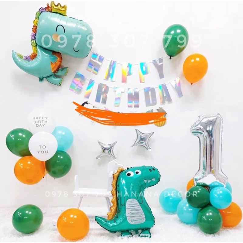 Set bóng khủng long màu xanh trang trí sinh nhật bé trai