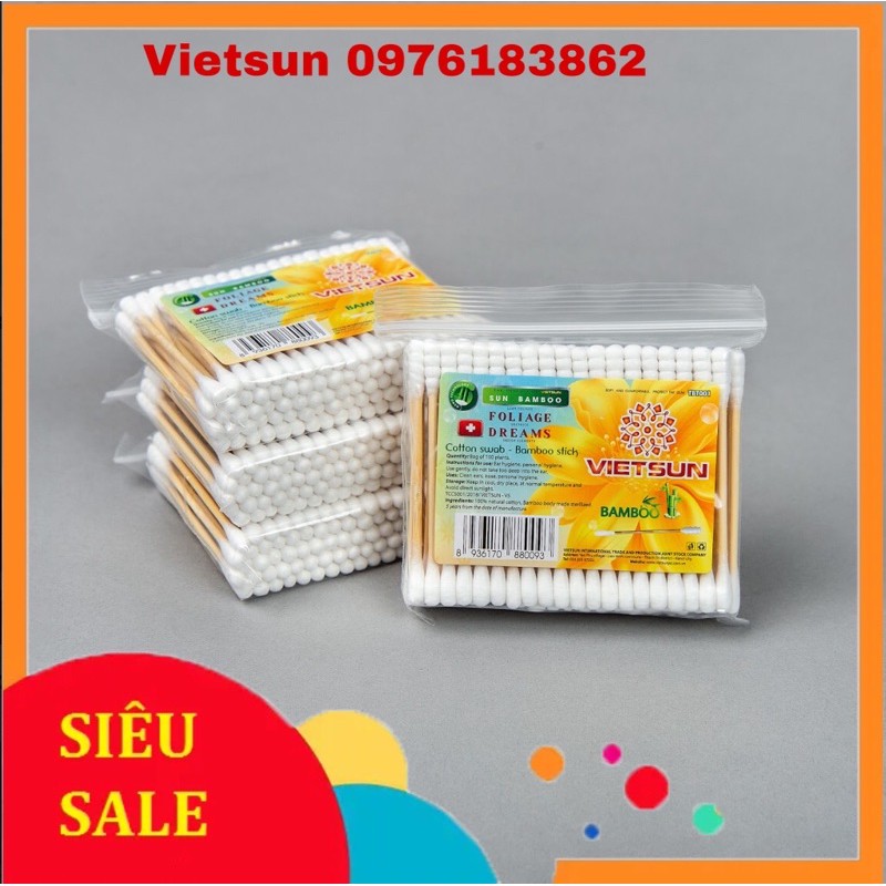 [Freeship] GÓI TĂM BÔNG VIETSUN VỆ SINH THÂN GỖ TRÚC [100 que] Kháng Khuẩn 1 đầu xoắn