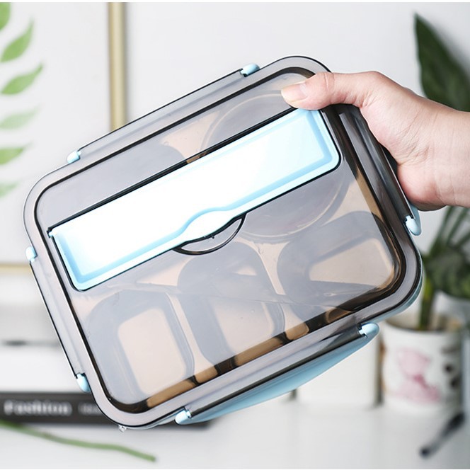 Hộp Đựng Cơm Giữ Nhiệt 5 Ngăn Inox Có Nắp Đậy Chống Tràn Tặng Kèm Cốc Đựng Canh, Đũa, Thìa