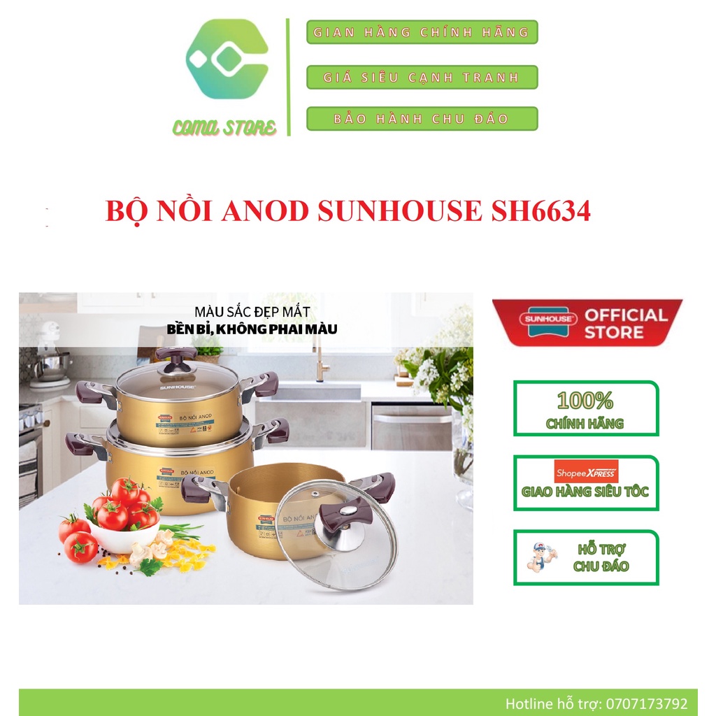 SH6634 - BỘ 3 NỒI ANOD SUNHOUSE (KHÔNG DÙNG ĐƯỢC BẾP TỪ) - HÀNG CHÍNH HÃNG