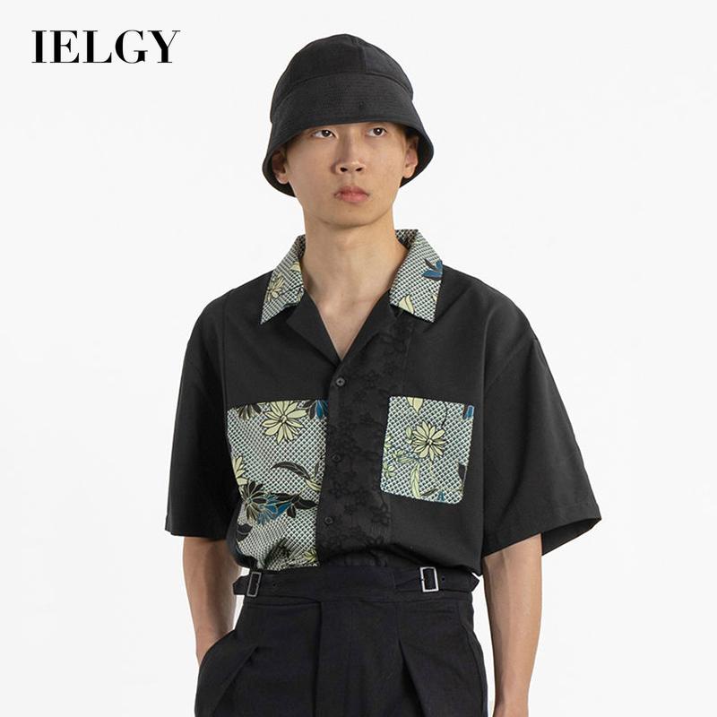 Ielgy Nam Màu Đen Chắp Vá Áo Sơ Mi Ngắn Tay