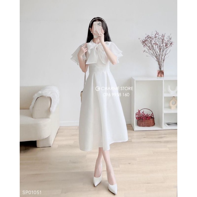 Đầm midi trắng tay tiên bèo thắt nơ cổ tiểu thư thanh lịch (Đi tiệc / Kỷ yếu)