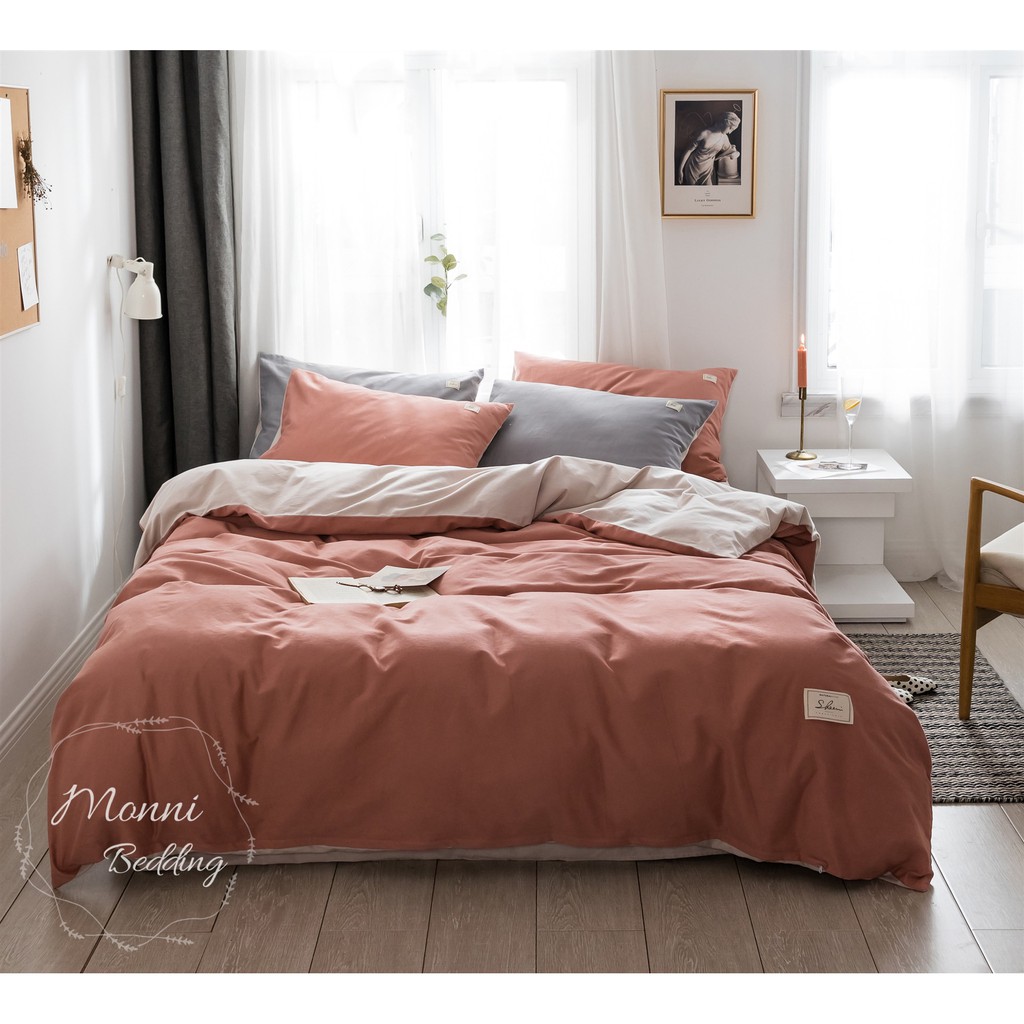 BỘ CHĂN GA GỐI COTTON HÀN QUỐC TICI VẢI MỊN MÁT MÀU CAM ĐẤT PHỐI GHI