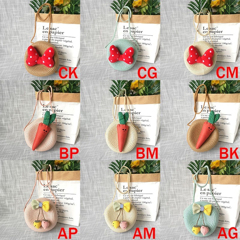 Túi Xách Tròn Đan Rơm Đính Nơ Họa Tiết Hoạt Hình Dễ Thương Cho Bé Gái