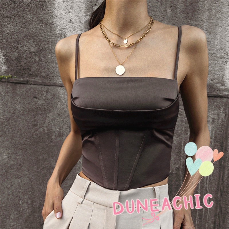 DUNEA Áo DUNEA hai dây hở lưng màu trơn phong cách đường phố thời trang dành cho nữ