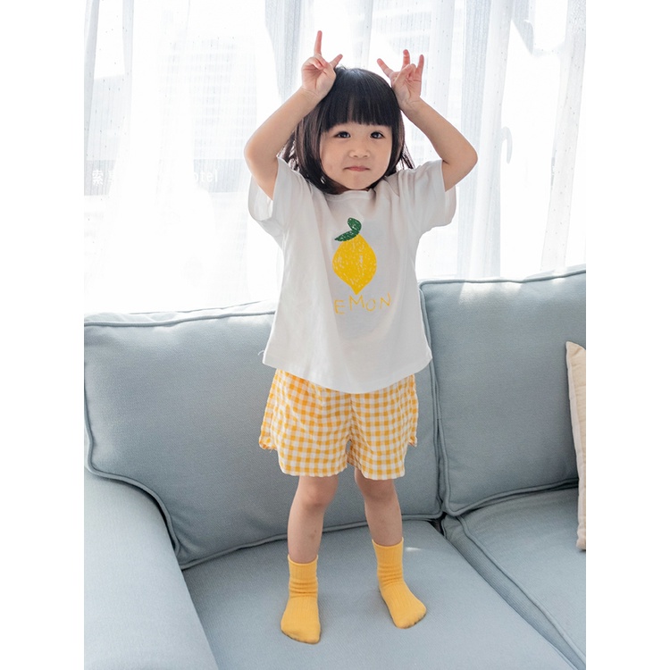 Set cộc tay hoa quả áo chất vải cotton phối quần kẻ đũi cho bé trai, bé gái - Bộ quần áo trẻ em dễ thương mùa hè