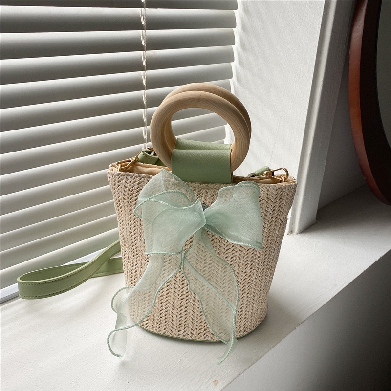 Túi Xách Bucket Đan Cói Cỡ Nhỏ Phối Nơ Thời Trang Sành Điệu