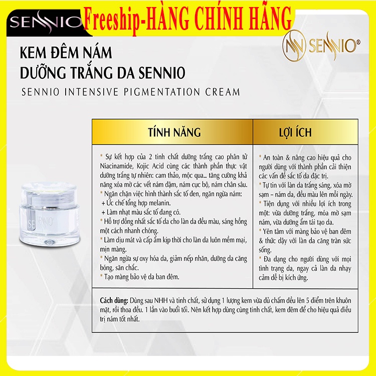 Kem nám tàn nhang hàn quốc cao cấp/ Kem nám đêm sennio dưỡng trắng căng bóng da, Se khít lỗ chân lông