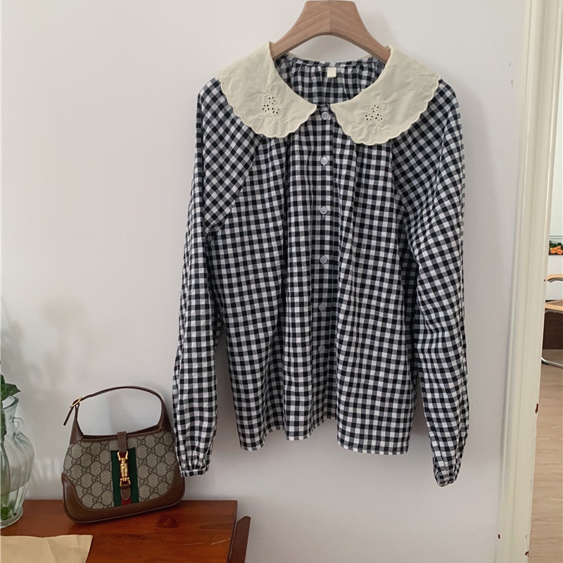 Áo sơ mi SUXI tay dài dáng rộng phối ren thêu họa tiết dễ thương phong cách Hàn Quốc thời trang cho nữ