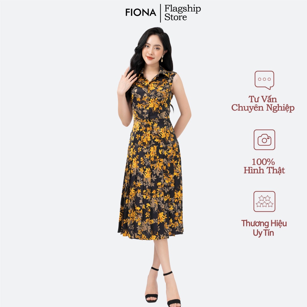 Đầm thiết kế cao cấp FIONA váy công sở nữ xếp ly họa tiết hoa nhí cổ đức nẹp đính cúc tay sát nách F452005