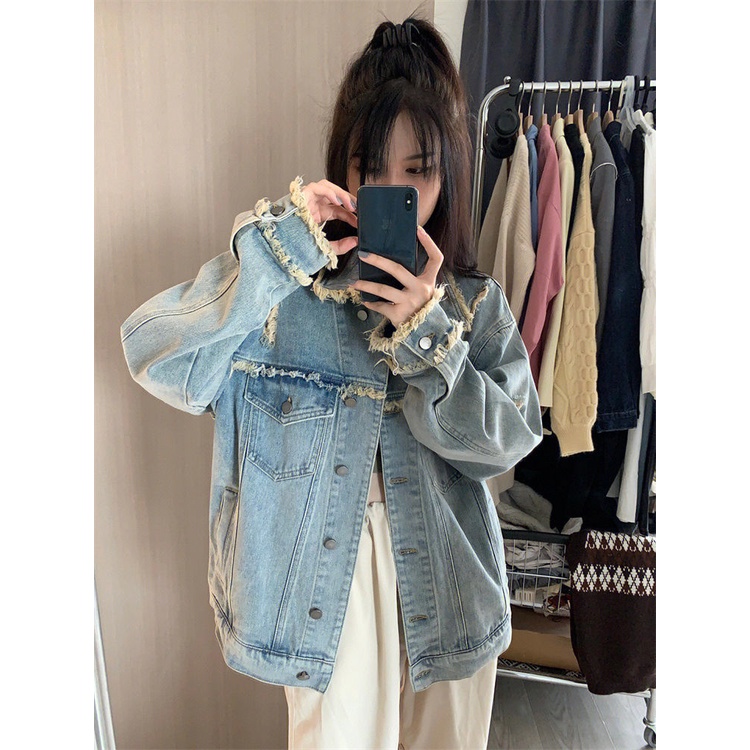 Jiashucheng Áo Khoác Denim Tay Dài Dáng Rộng Kiểu Retro Hồng Kông Dễ Phối Đồ Cho Nữ