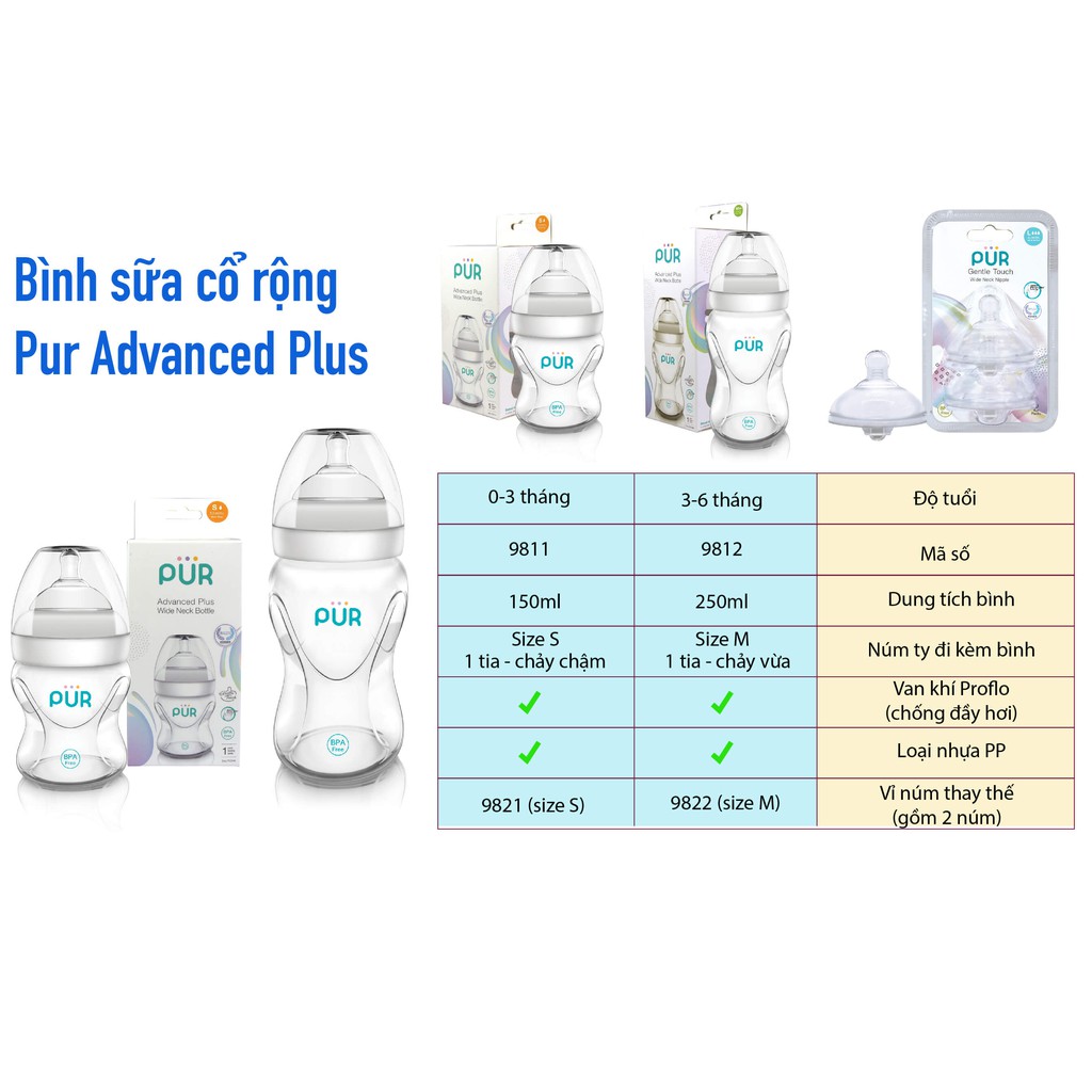 Combo 1 bình sữa Pur cổ rộng 150ml + 1 bình Pur cổ thường Feeding 250ml