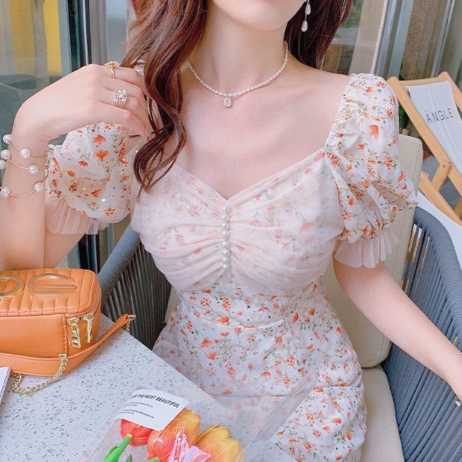 Đầm Đuôi Cá Hai Dây Mỏng Ghép Vải Lưới In Hoa Thời Trang Mùa Hè Pháp Ngọt Ngào Hàng Mới 2022 Dành Cho Bạn Nữ